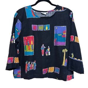 Hot Cotton Boxy Linen Blend Novelty Print Top Medium
